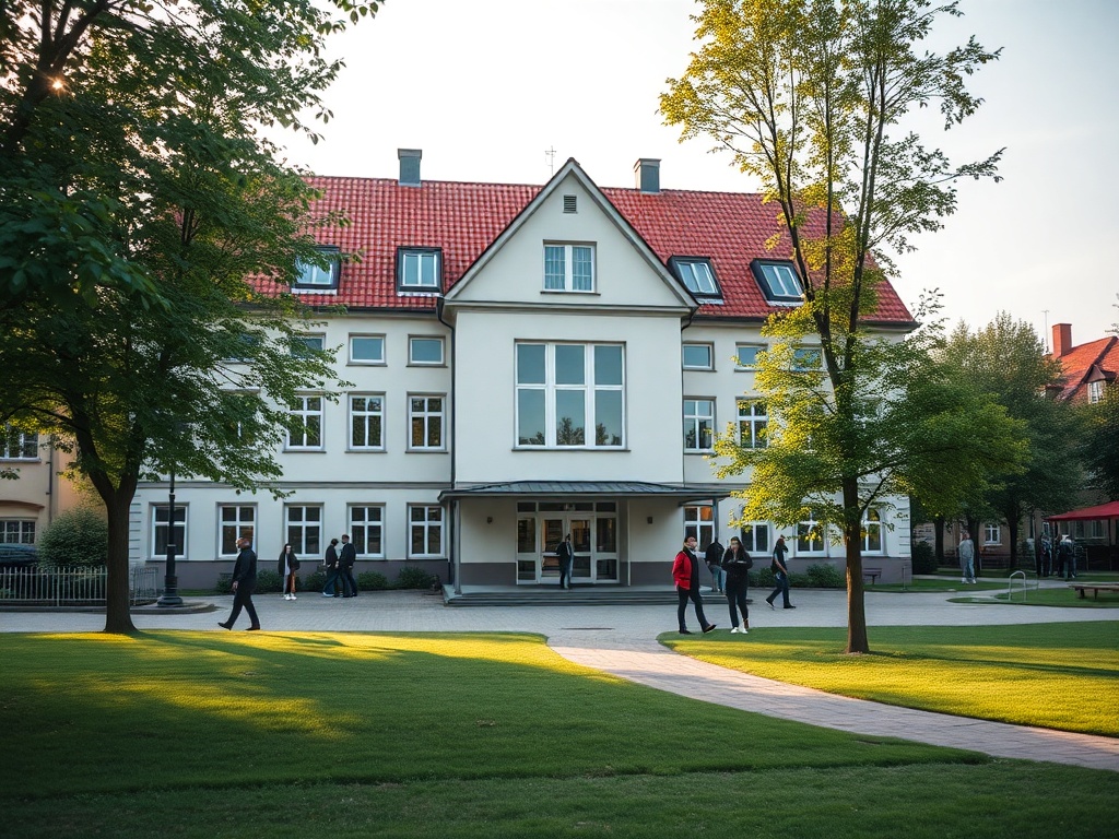 Tablica informacyjna przed szkołą zawodową w Sierpcu z napisem "Zmiany w edukacji zawodowej"